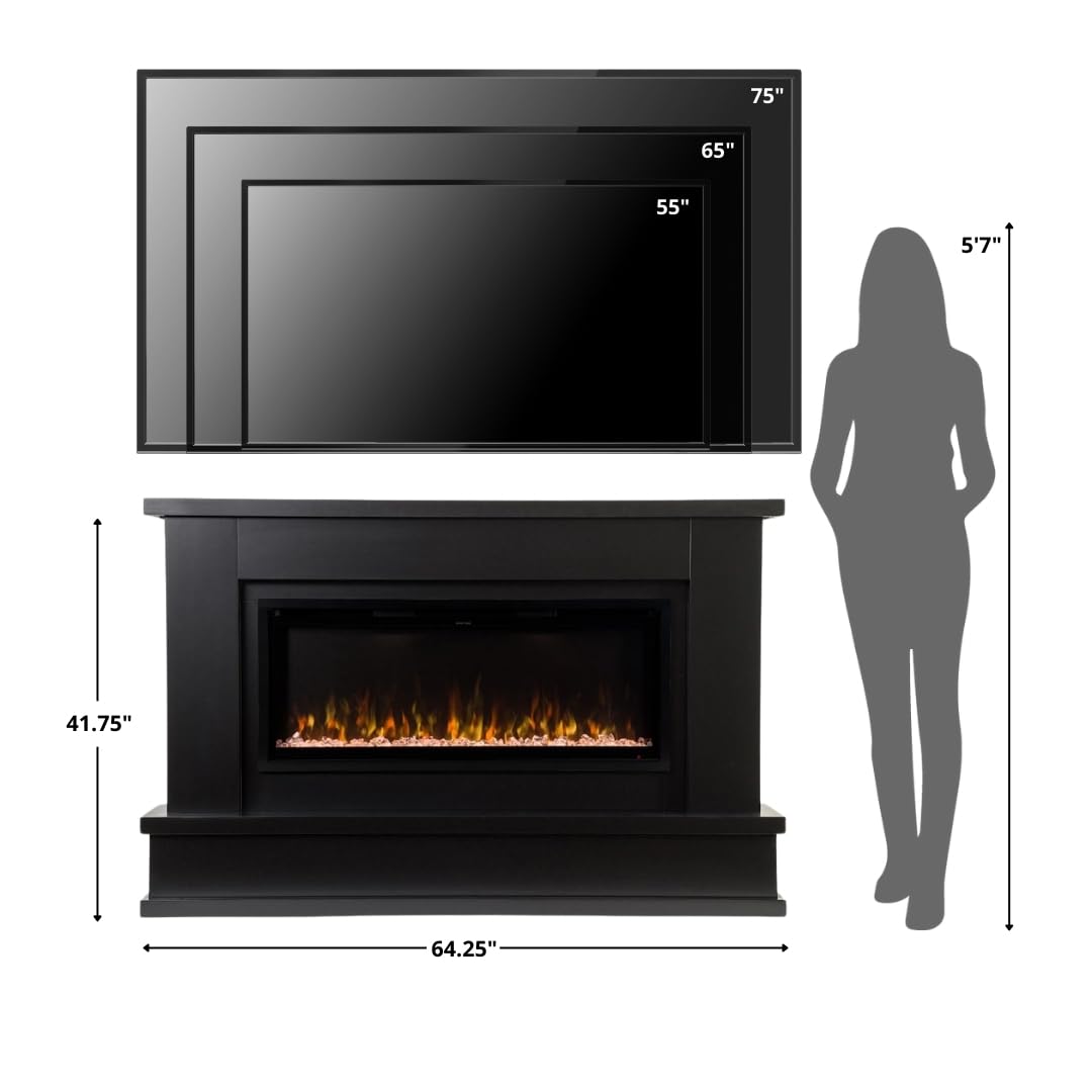 Modern Ember Patton Black Mantel Package 64" W x 42" H with 42 Inch Electric Fireplace - 5 Flame Colors, 10 Ember Bed Colors, Log Kit & Crystal Embers | Alexa/WiFi Enabled
