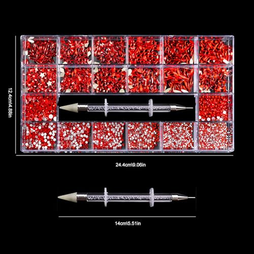 12 Types of Red 600 Diamonds + 2500 Flat Rhinestones Mix 20 Styles Flatback DIY Crafts Rhinestone Crystals 3D Decorations Flat Back Stones Set + Rhinestone Picker Wax Pen