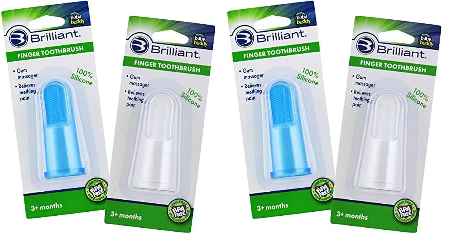 Brilliant Baby Finger Toothbrush - Silicone Gum Massager and Teether Brush for Infant and Toddler, 3 Months Old and Up, Gum and Tooth Cleaner, for Teething Relief- Oral Care, Blue/Clear, 2 (Pack of 2)