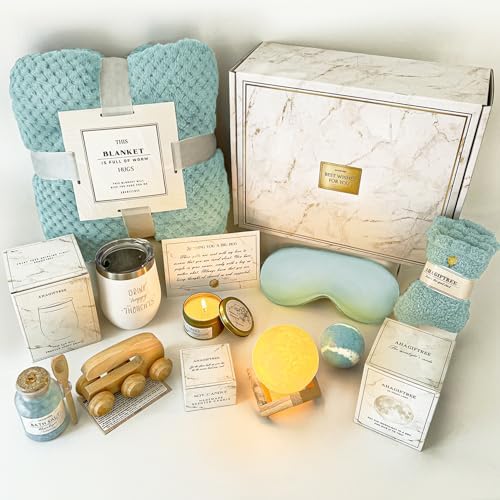 Birthday Gifts for Women Self Care Gifts Get Well Soon Gifts Baskets for Women After Surgery with moon lamp, 11PC Spa,Thinking of You Gift, Care Package for Mom Friend (cyan)