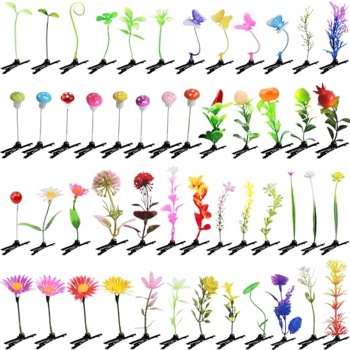 50 Pcs Bean Sprout Hair Clips, Kurilai Funny Plant Hair Clip Mixed Style Hairpins Flower Hair Clip, Cute Little Grass Barrette Mushroom Butterfly Headwear Hair Accessories for Home Party Rave Festival