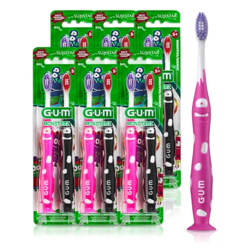 GUM Monsterz Jr Kids’ Toothbrush, Soft Bristled Children’s Toothbrush with Suction Cup, for Ages 5+, 2 Count(Pack of 6)