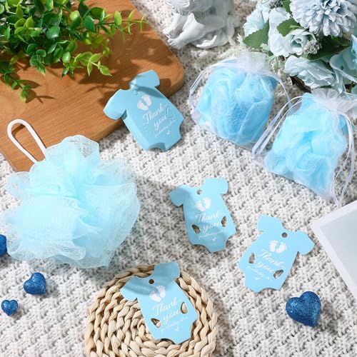 24 Sets Baby Shower Favors for Guests Include Bath Sponge Loofahs, Thank You Cards, White Organza Bags for Baptism Baby Shower Gender Reveal Birthday(Blue)