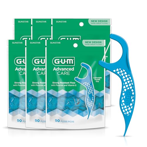 GUM Advanced Care Floss Picks - Dental Flossers for Adults with Vitamin E and Fluoride - Extra Strong Shred-Resistant Dental Floss, Easy Grip Handle, Fresh Mint Flavor, 90 Count (Pack of 6)