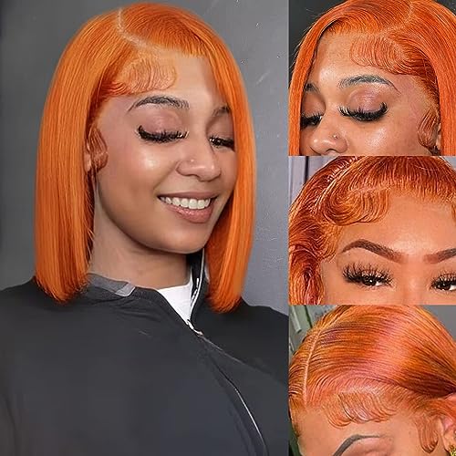 HIRIREMY Ginger Bob Lace Front Wigs Human Hair for Black Women 13x4 HD Lace Frontal Straight Bob Orange Ginger Wig Lace Front Human Hair Pre Plucked Hairline with Baby Hair Brazilian #350 12 Inch