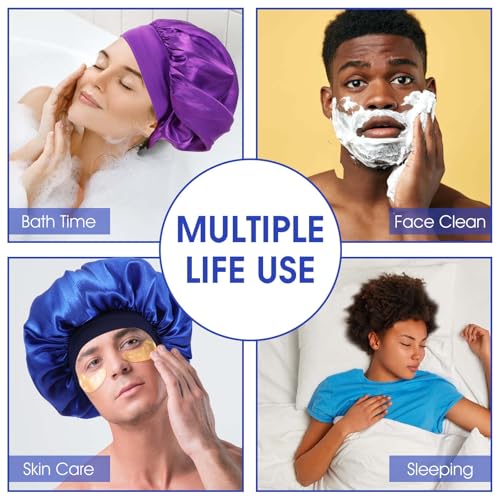 18 Pcs Satin Bonnets for Sleeping, Large Silk Bonnet Wide Band Hair Bonnet Soft Elastic Hair Wrap Cap Silky Shower Cap for Black Women Men Curly Hair