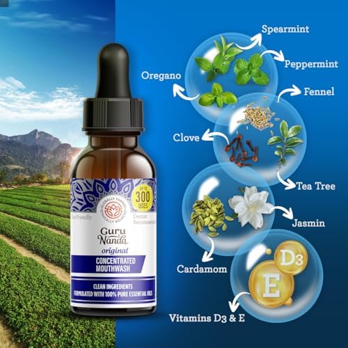GuruNanda Concentrated Mouthwash (3x2 fl oz), Supports 300 Rinses, Aids in Fresh Breath, Fluoride-Free, Mint Mouthwash with Natural Essential Oils