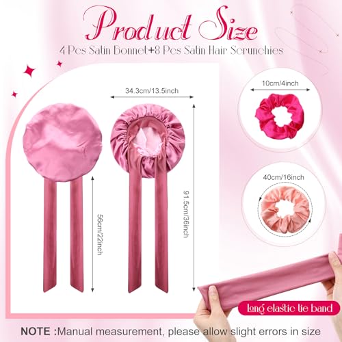 JaGely 4 Pcs Satin Bonnet for Sleeping Women Double Layer Tie Hair Bonnet Large 2 Layered Silk Sleeping Cap with 8 Pcs Hair Scrunchies(Pink Color)