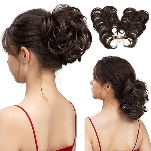 youngways Messy Bun Hair Piece Side Comb Clip in Hair Bun Hairpiece for Women Short Natural Straight Versatile Adjustable Styles Easy Hair pieces (Dark Brown-C)
