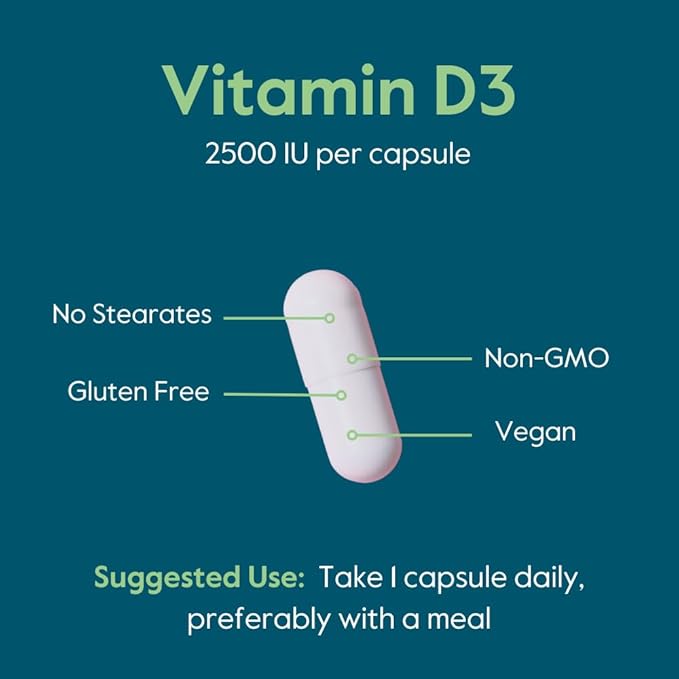 BESTVITE Vegan Vitamin D3 2500 IU (120 Vegetarian Capsules) - No Stearates - Vegan - Non GMO - Gluten Free