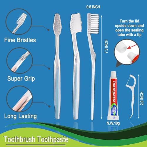 100pcs Disposable Toothbrushes with Toothpaste Floss Individually Wrapped, 2 Color Disposable Toothbrush, 10g Toothpaste, Floss Pick, Bulk Toothbrush Kit for Homeless,Airbnb,Hotel