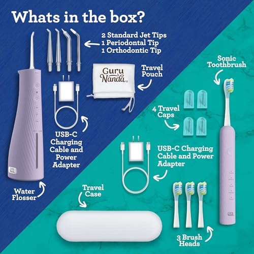 GuruNanda Lion & Lamb Kit 2.0, Electric Toothbrush with Water Flosser Combo, 4 Jet Tips, 4 Brush Heads, & IPX7 Waterproof Design for Complete Oral Care, Lavender