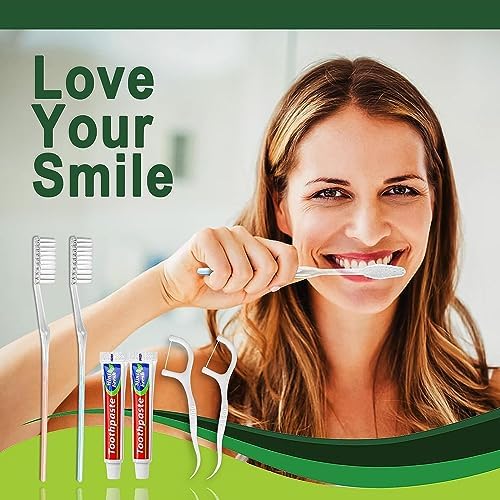 100pcs Disposable Toothbrushes with Toothpaste Floss Individually Wrapped, 2 Color Disposable Toothbrush, 10g Toothpaste, Floss Pick, Bulk Toothbrush Kit for Homeless,Airbnb,Hotel
