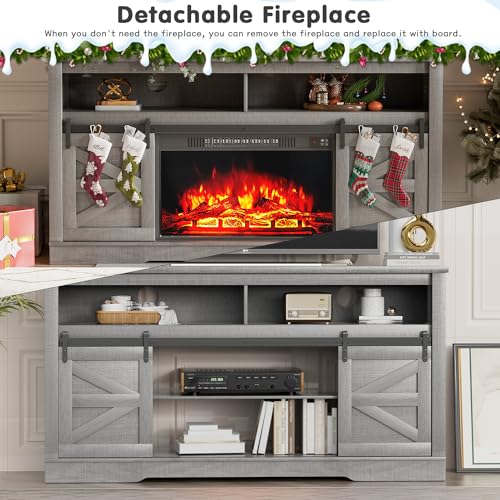 YESHOMY Fireplace TV Stand for Television up to 65+ Inch with Storage and Farmhouse Sliding Barn Doors, Entertainment Center with Cabinet and Shelves, Media Console for Living Room, Gray