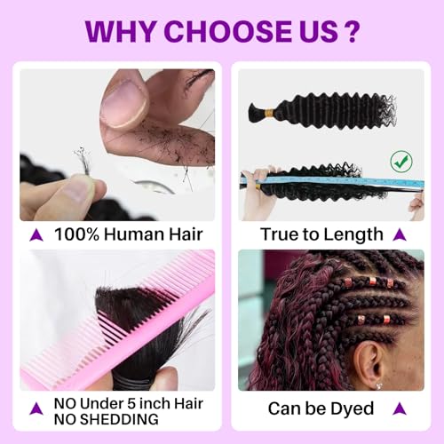 Human Braiding Hair for Boho Braids, Deep Wave Bulk Boho Braids Human Hair for Knotless Curly Bohemian Water Wave Boho Hair for Braiding 70g 16 Inch Natural Color (2 No Weft Bundles/Pack)