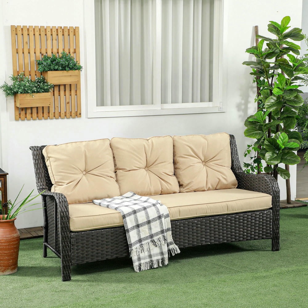 GVN Outdoor Couch Patio Sofa,3-Seater Outdoor Sofa w/ 4" Thick Cushions, Outdoor Couch, Beige