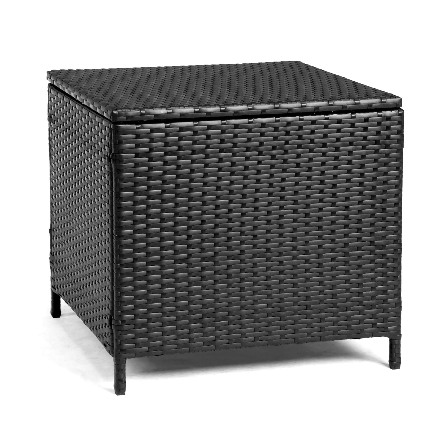 Black PE Rattan Outdoor Side Table with Storage - Square Patio End Table for Furniture Covers, Gardening Tools, and Toys