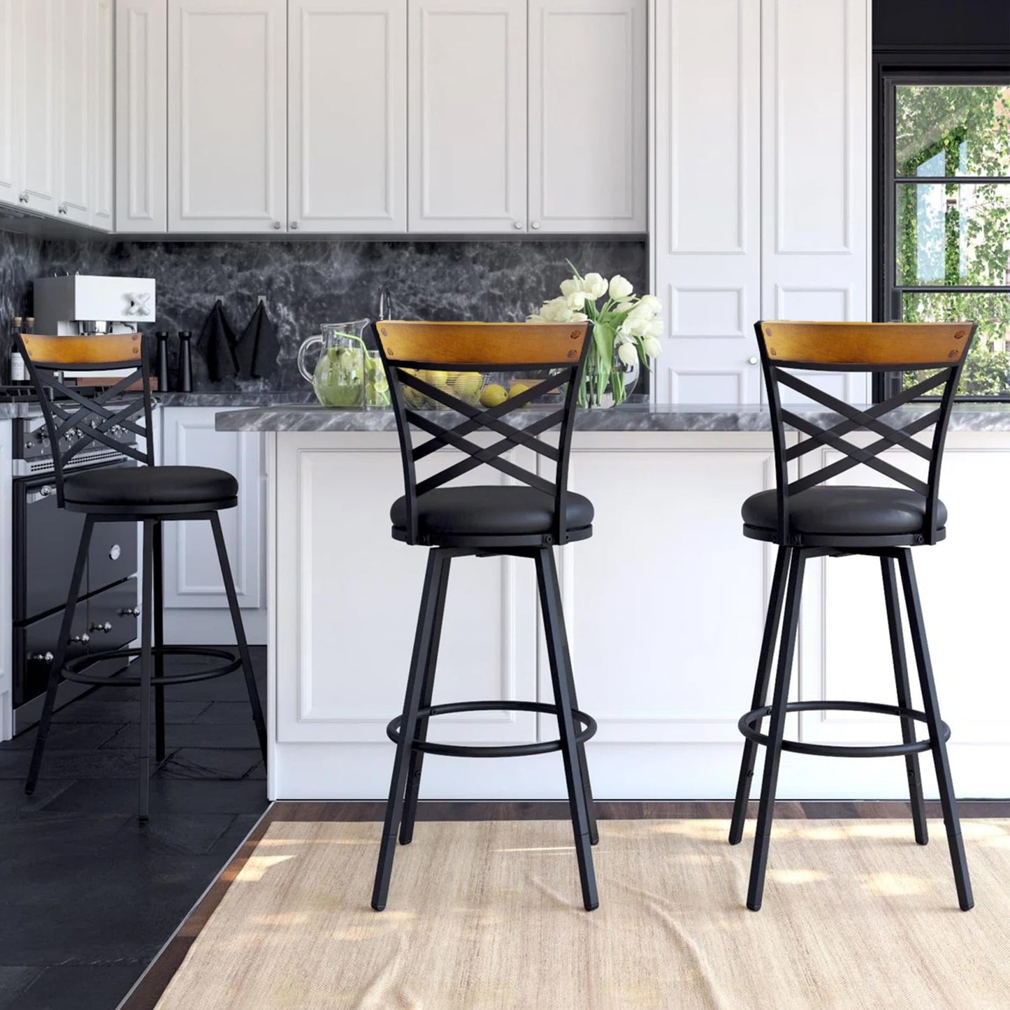 BOSHIRO Swivel Bar Stools Set of 2, 24–29” Adjustable Height Leather Kitchen Counter Chairs, 360° Rotation, Antique Bronze Frame, Black