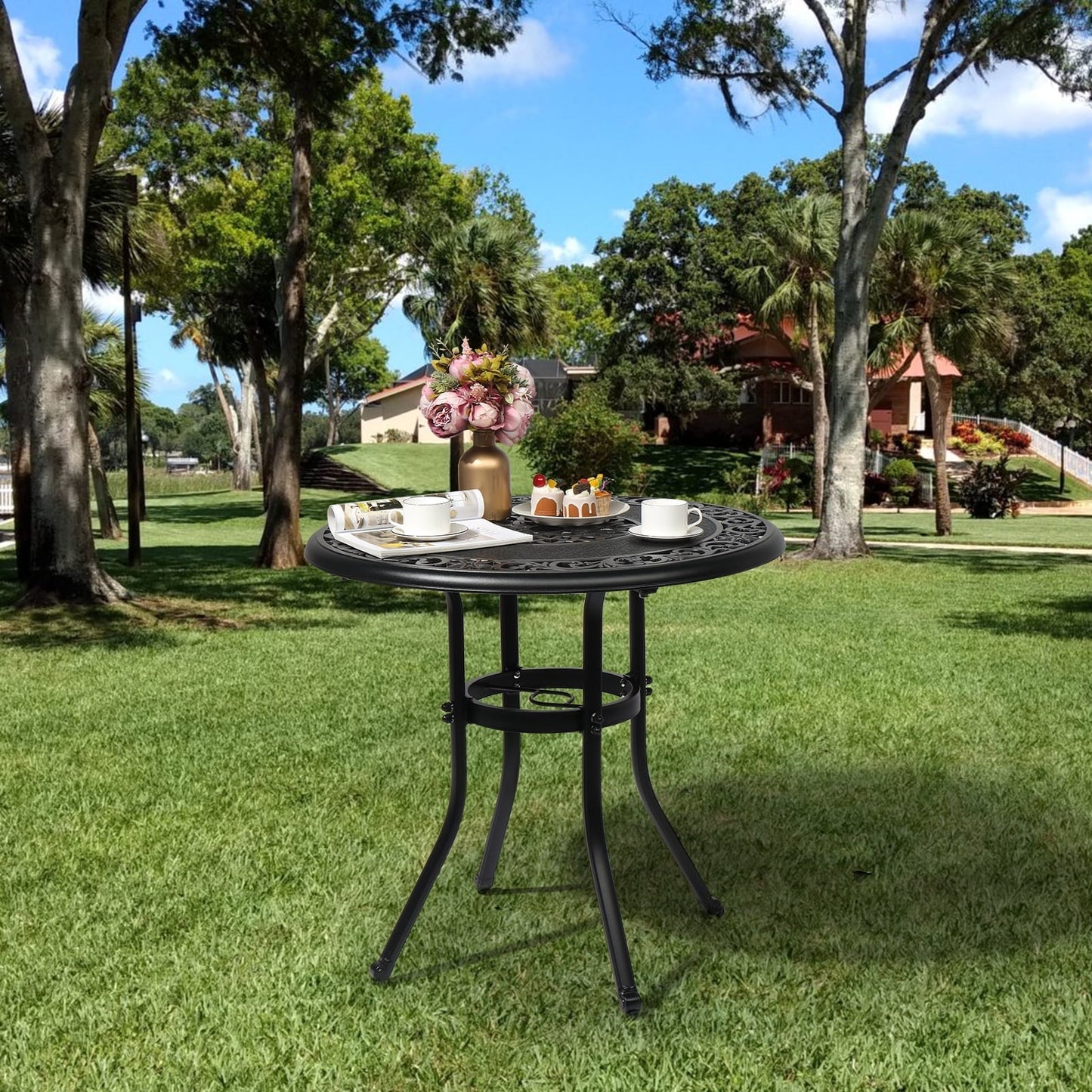 HiiKaa 32 in Cast Aluminum Patio Outdoor Bistro Round Dining Table with Frosted Surface,Bronze