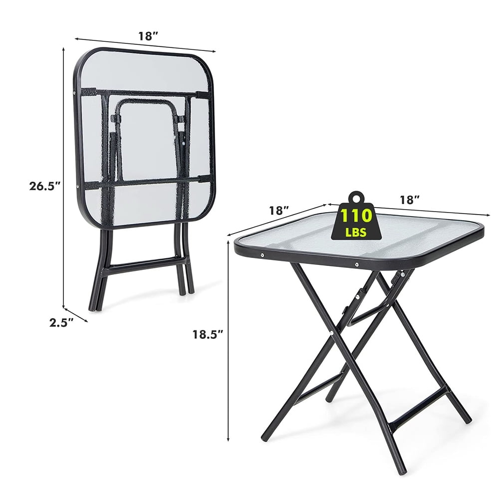18” Folding Square Glass Side Table, Portable Patio Bistro Coffee Table with Tempered Glass Tabletop, Solid Steel Structure for Yard, Lawn, Garden