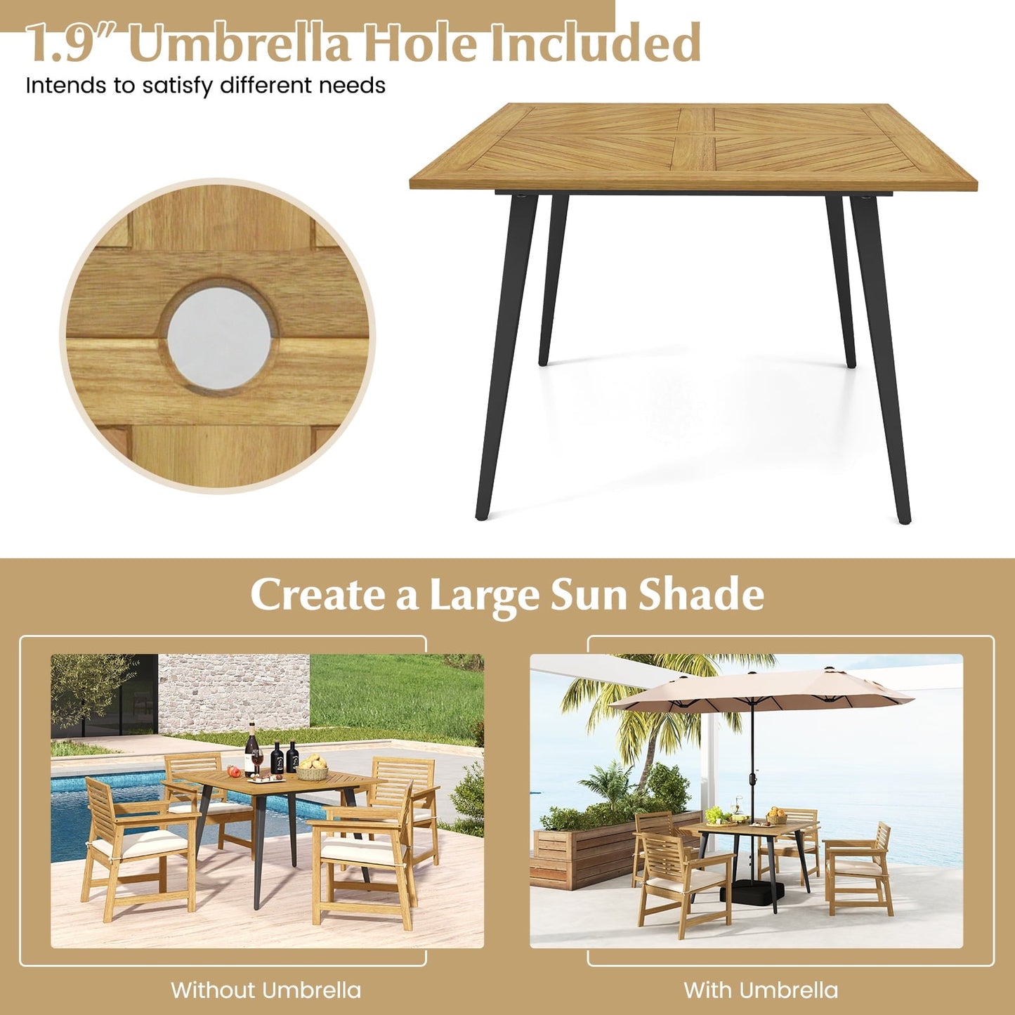 Gymax 42.5'' Outdoor Dining Table w/ 1.9'' Umbrella Hole Adjustable Foot Pads