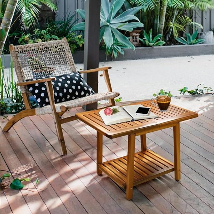 24 inch outdoor side table, 2-story sturdy terrace, weather resistant side table, strong stability, suitable for terraces, swimming pools, porches, teak veneer