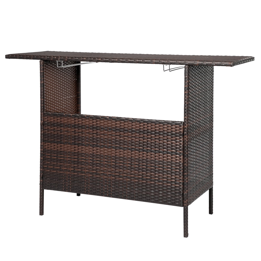 HiiKaa Patio Wicker Bar Table,Outdoor Rattan Counter Table with Steel Storage Shelves & Wine Rack for Party,Picnic,Poolside and Backyard,Brown
