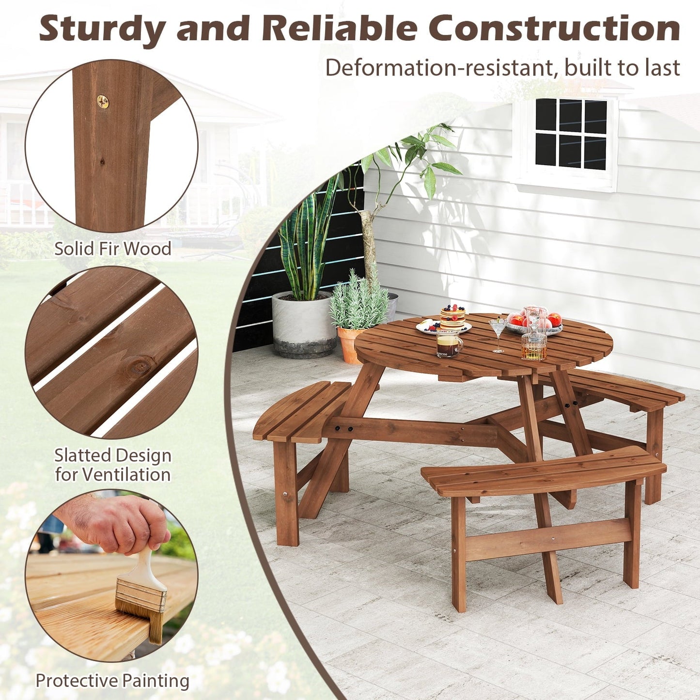 Gymax 6-Person Round Picnic Table Set w/ 3 Built-in Benches 2'' Umbrella Hole Brown