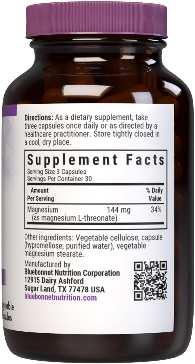 Bluebonnet Nutrition Magnesium L-Threonate, Memory & Cognitive Support*, Non-GMO, Vegan, Kosher Certified, Gluten-Free, Soy-Free, 90 Vegetable Capsules, 30 Servings