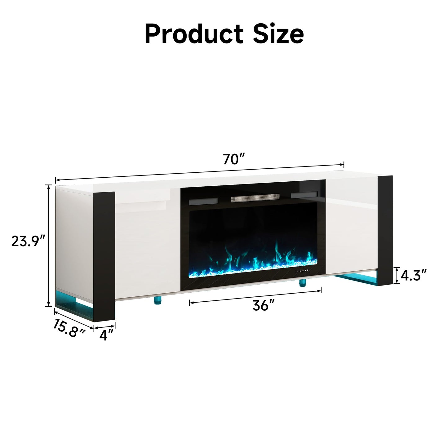 Real Relax 70" U-Shaped Leg TV Stand with 36" Electric Fireplace, High Gloss Finish Entertainment Center for TVs Up to 80", TV Console Cabinet for Living Room, White