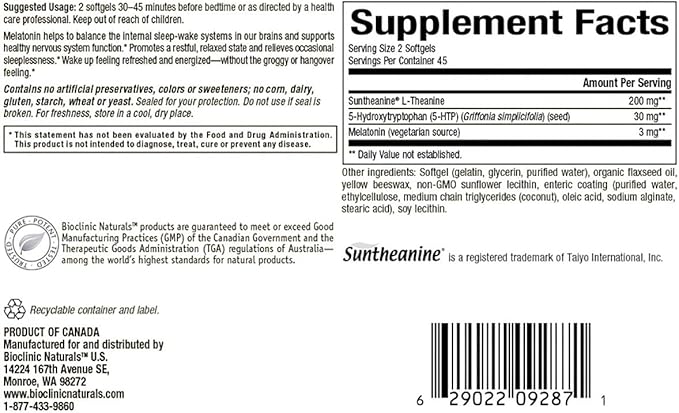 Bioclinic Naturals, Somno-Pro 90 gels with Melatonin, 5HTP, and L-Theanine