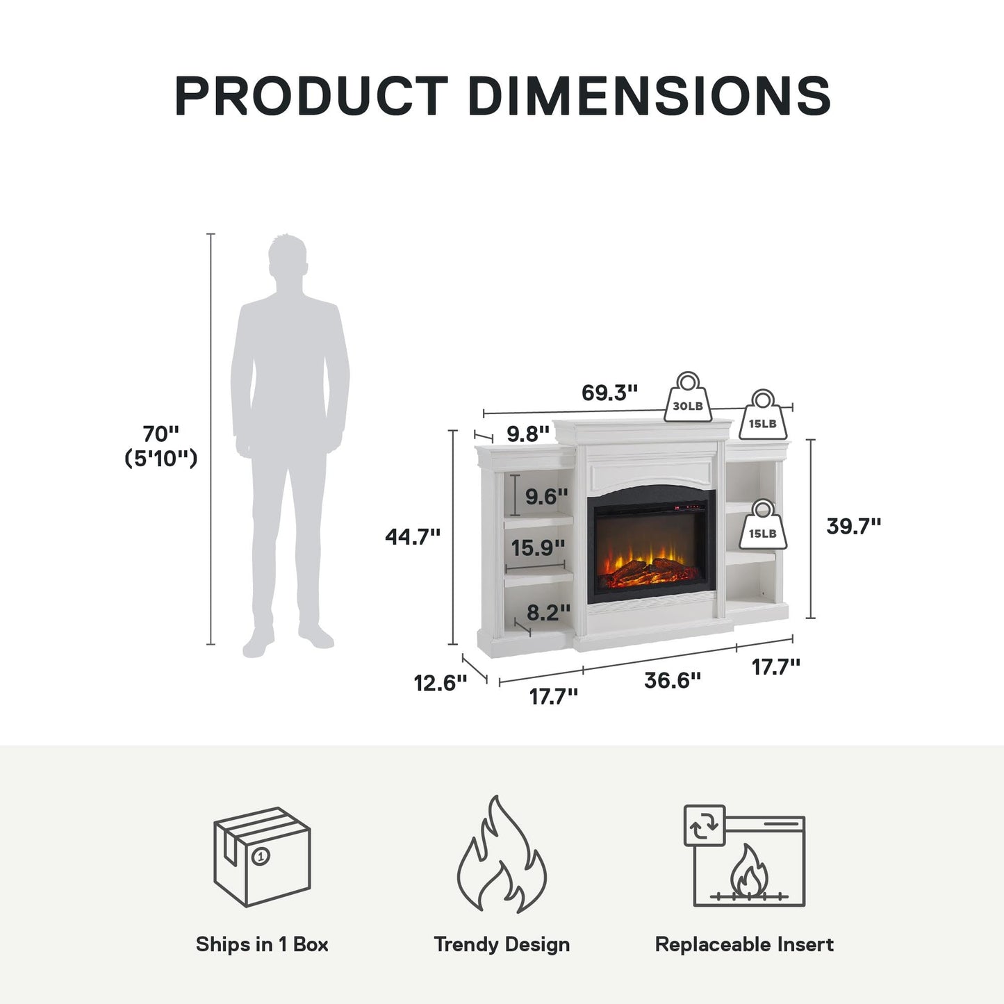 Ameriwood Home Lamont 69 Inch Electric Fireplace with Mantel, Shelves, Replaceable Fireplace Insert Heater, Remote Control, Timer, Realistic Log and Flame Effect, For Living Room or Bedroom, White