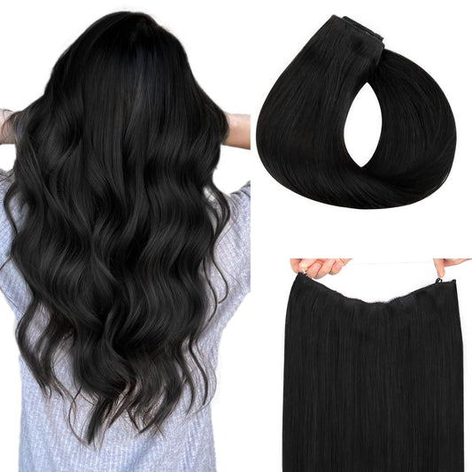 HOTBANANA Wire Hair Extensions, 18 inch 95g Jet Black Fish Line Hair Extensions Real Human Hair Straight Invisible Wire Hair Extensions Remy Hair Extensions