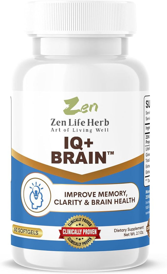 IQ+ Brain - Caffeine-Free, Clinically Tested Focus, Concentration, Memory & Energy, Natural Plant-Based Herbal Supplement, No Added Vitamins/Minerals/Mushroom/Sugar (60 Softgels)