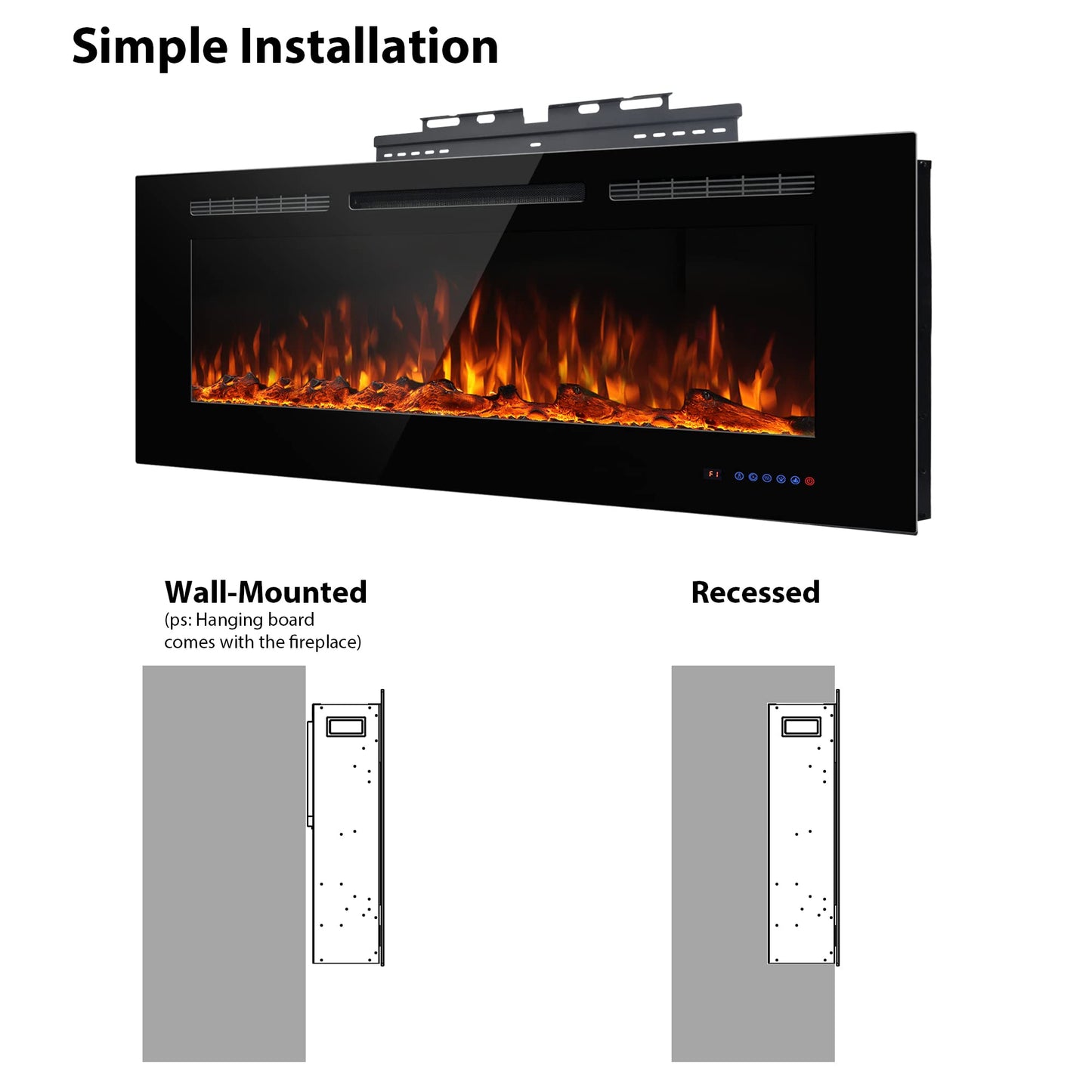 Dreamflame Electric Fireplace 40 inch Wide 26.5" High, Wall-Mounted & Recessed Fireplace Inserts, Multicolor Flame w/5 Dimmer, Remote Control Thermostat, Timer, Hardwire Connect, 1500W,Black