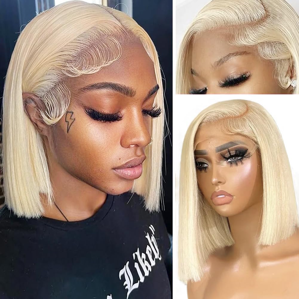 Blonde Bob Wig Human Hair 13X6 Lace Frontal Hd Transparent Glueless Bob Wigs Deep Part 8 Inch 180% Density 613 Blonde Lace Front