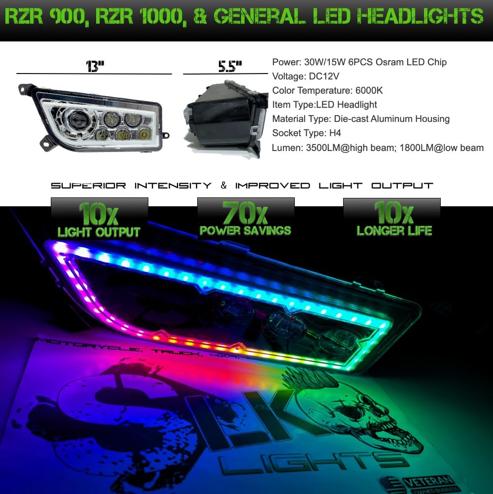SLK Lights 2024 Improved RZR LED Headlight RGB Halo Compatible With Polaris General, RZR 900s, Razor 1000 XP Turbo (Fits: 2014-2024) (Chrome RGB Halo)