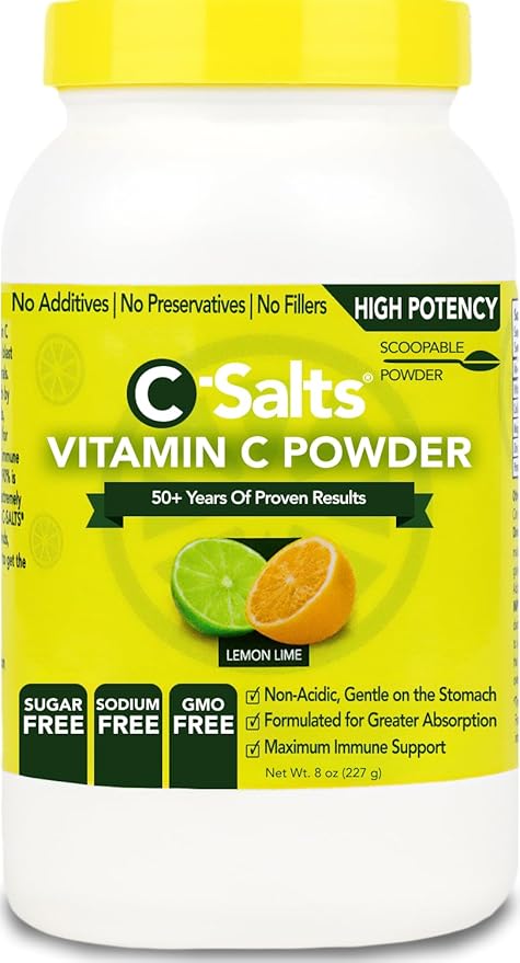 C-Salts Original Vitamin C Powder Supplement - 100% Pure High Dose Buffered Vitamin C Powder for Immune Support - Sugar-Free Powdered Drink Ascorbate, Organic, Stomach-Friendly, Lemon Lime 8oz