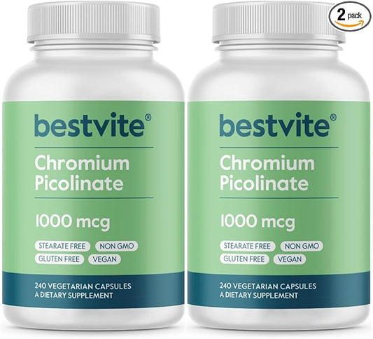 BESTVITE Chromium Picolinate 1000mcg (480 Vegetarian Capsules) (240 x 2) - No Stearates - No Dicalcium Phosphate - Vegan - Gluten Free - Non-GMO