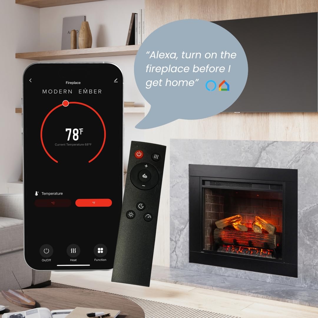 Modern Ember Uptown - Smart Home Electric Fireplace Insert + Trim, 28” Electric Heater Heats up to 1,000 sq. ft., Wall Fireplace Electric with Remote Control for Heat Settings and Flame Colors