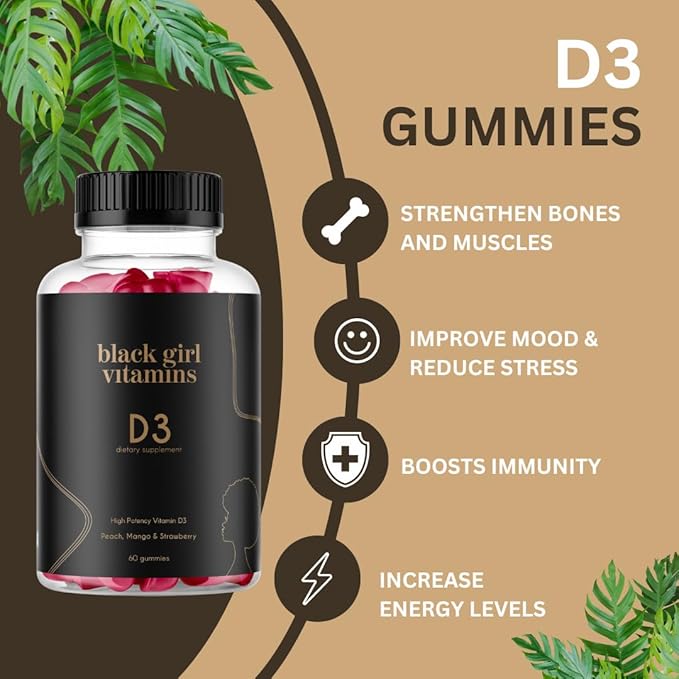 Black Girl Vitamins - Vitamin D3 Gummies, for Immune, Energy, and Bone Support, 2000IU (50mcg) Vitamin D per Serving, Gluten-Free Vitamin D Gummies (Multi-Flavored), 60ct