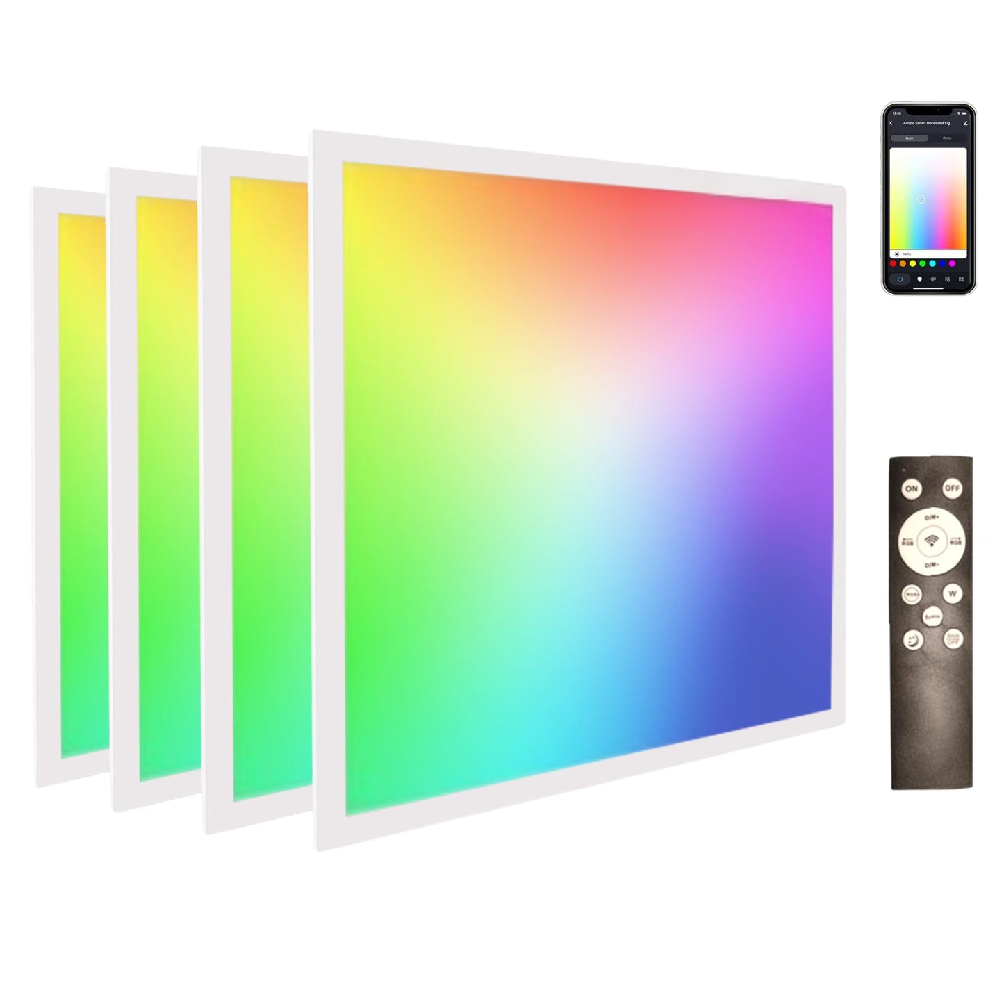 2x2 FT LED RGBW 5000K Multicolor Flat Panel Light Remote & App Controlled 40W 4400lm Color Changing LED Panel Light Smart Wi-Fi Drop Ceiling Light with Alexa/Google Assistant (4 Pack)