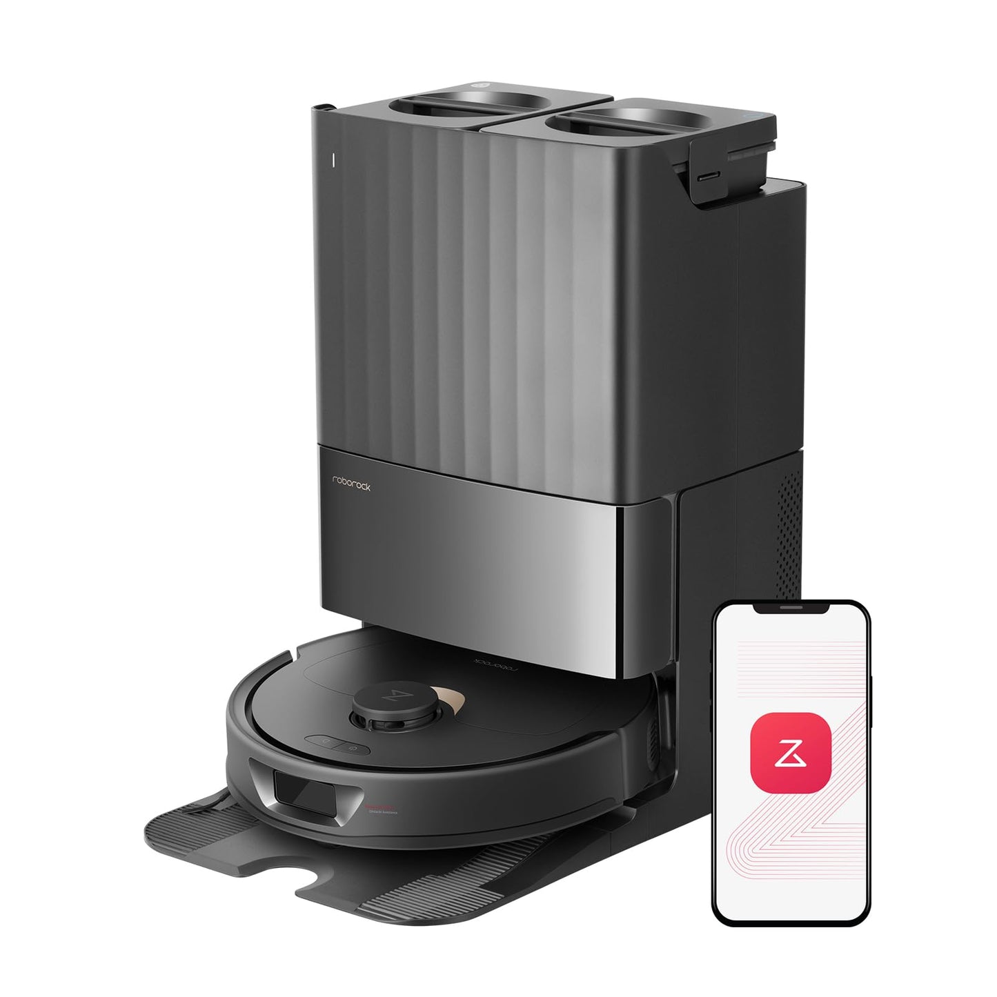 Roborock Qrevo 2R3W Robot Vacuum and Mop, Auto-Drying, Auto Mop Washing, Dual Spinning Mops, Auto Mop Lifting, Self-Refilling, Self-Emptying, Reactive Tech Obstacle Avoidance, 5500Pa Suction, Black