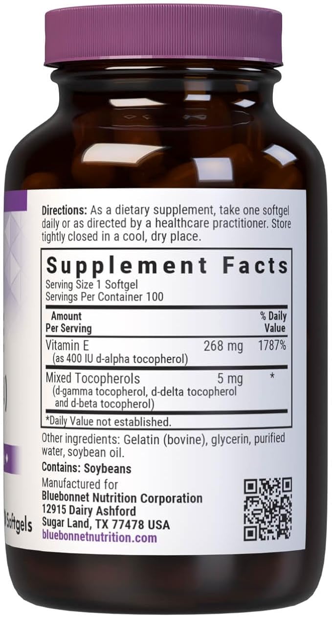 Bluebonnet Nutrition Vitamin E 400 IU (268 mg) Mixed Tocopherols Softgels, Free Radical Portection & Cardiovascular Support, Gluten-Free, Dairy-Free, Softgels, Servings, 100 Count