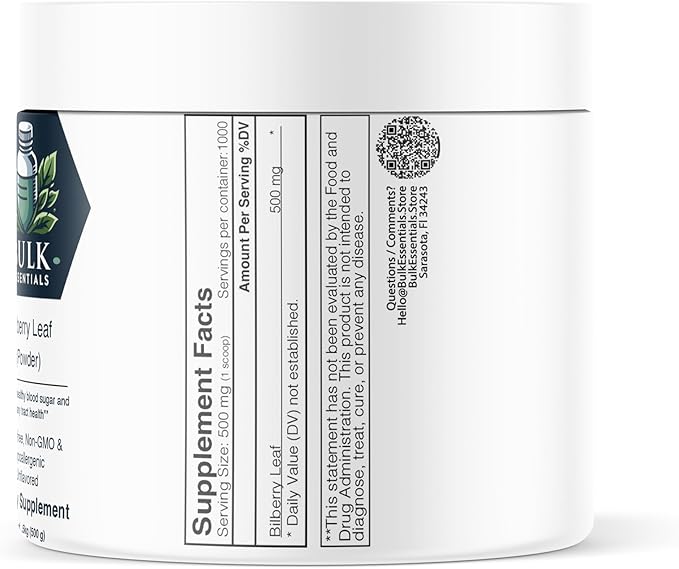 Bilberry Supplement Powder – Unflavored 500g Bilberry Extract Leaf for Maintain Body Sugar Level & Urinary Tract Health – USA Made, Free from GMO & Gluten – 500mg Per Serving