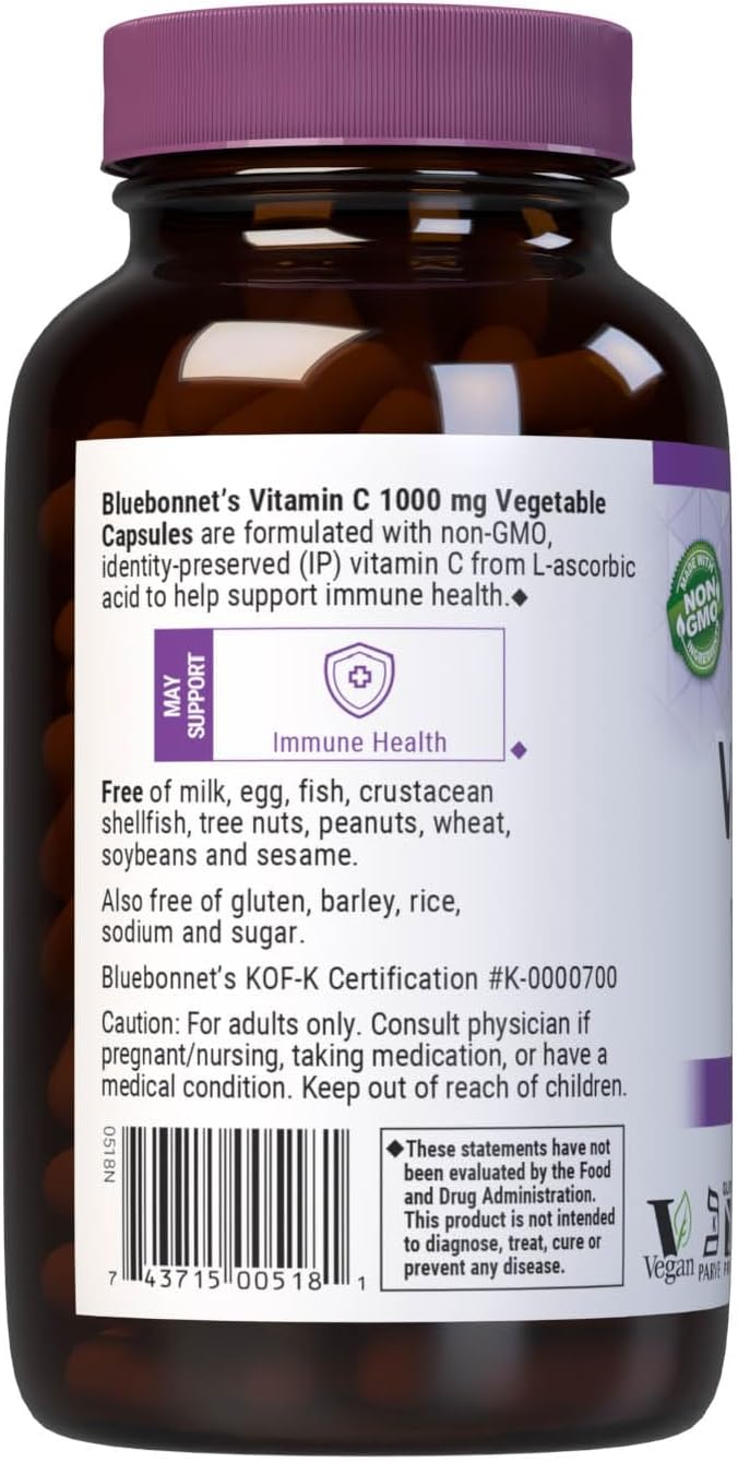 Bluebonnet Nutrition Vitamin C 1000 Mg Vegetable Capsules, Ascorbic Acid, for Immune Skin Health, Vegan, Vegetarian, Non GMO, Gluten, Soy & Milk Free, Kosher, 180 Count