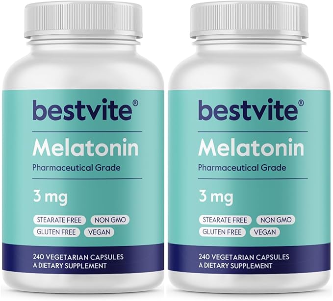 BESTVITE Melatonin 3mg (480 Vegetarian Capsules) (240 x 2) (Value Pack) - No Crospovidone - No Dextrose - No Dicalcium Phosphate - No Stearates - Vegan - Non GMO - Gluten Free