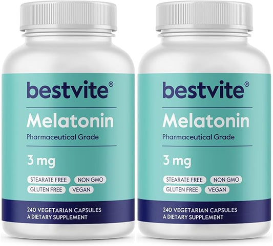 BESTVITE Melatonin 3mg (480 Vegetarian Capsules) (240 x 2) (Value Pack) - No Crospovidone - No Dextrose - No Dicalcium Phosphate - No Stearates - Vegan - Non GMO - Gluten Free