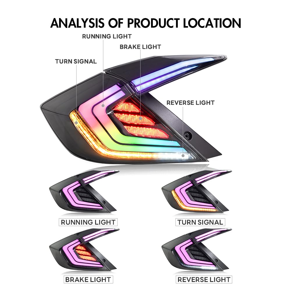 T T-ABC New RGB Taillight Compatible with Honda Civic 2016-2021 Tail Light Sedan Touring Sport EX EX-L LX Rear Lights Multicolored N1 Style LED Sequential Animation 10th Gen Custom Back Accessories