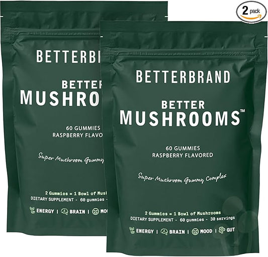 Betterbrand BetterMushrooms Mushroom Gummies to Support Gut Health, Metabolism, Energy, Focus - Lion's Mane, Cordyceps, Chaga & Maitake Mushroom Supplement - Maintains Healthy Immune System
